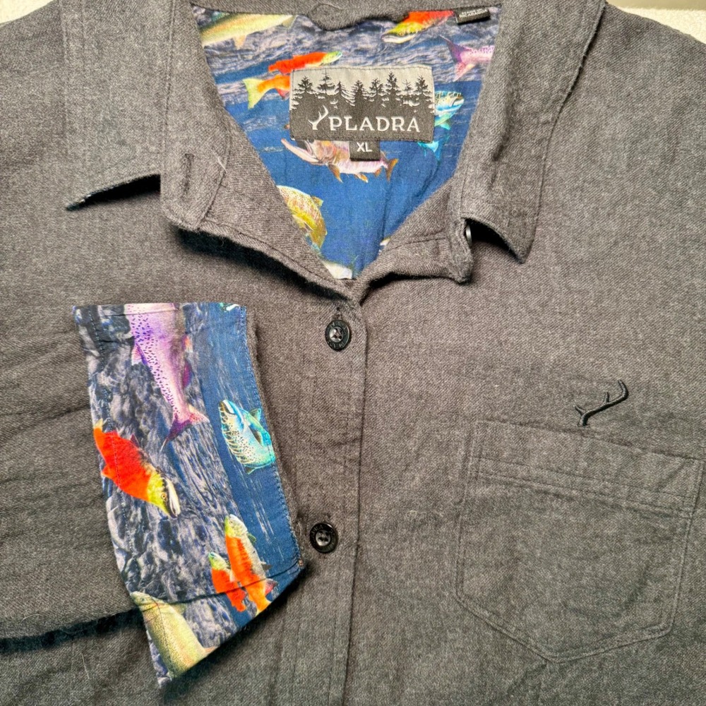 Pladra Mens XL Gray Flannel Button‎ Down Shirt Fish Print Lining Long Sleeve
